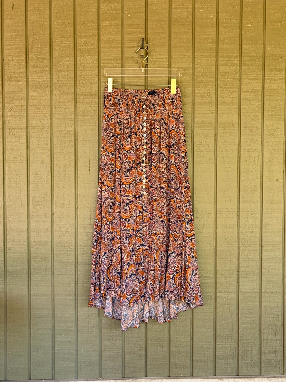Rachel Zoe Paisley Button Front High Low Smocked Maxi Skirt S